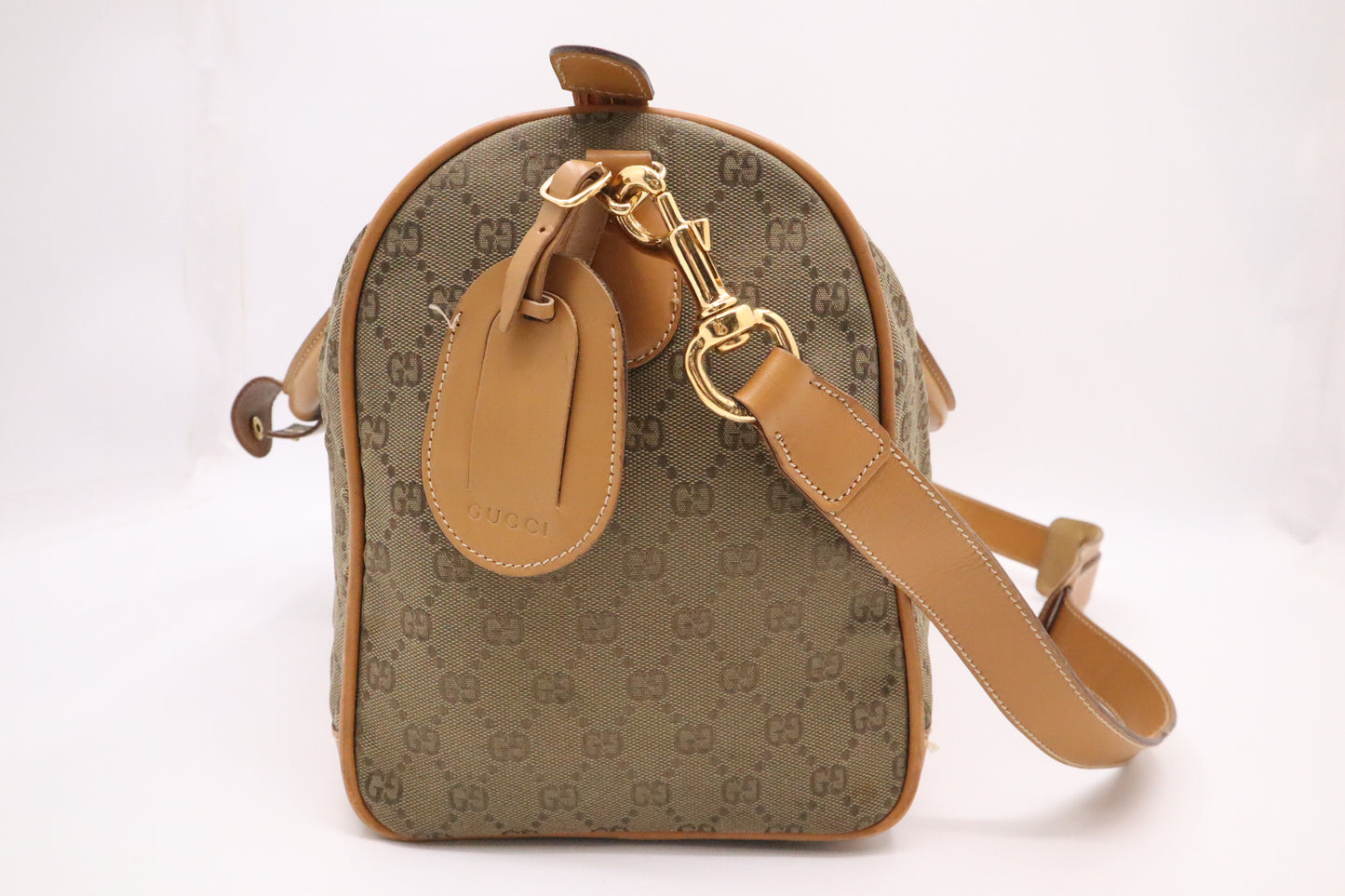 Gucci Boston Bag in Green GG Canvas and Brown Leather
