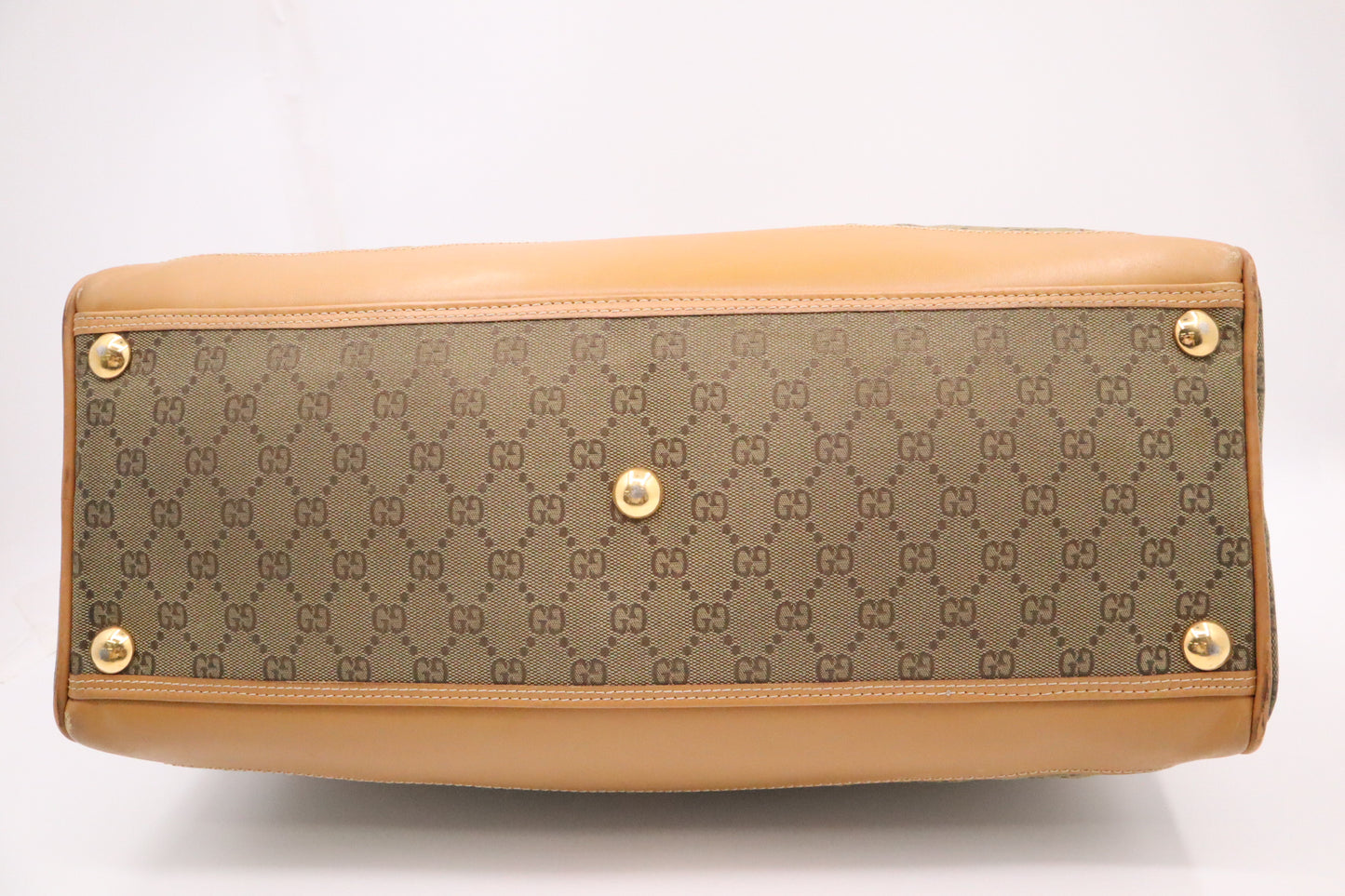 Gucci Boston Bag in Green GG Canvas and Brown Leather