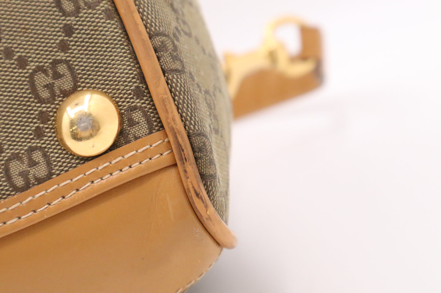 Gucci Boston Bag in Green GG Canvas and Brown Leather