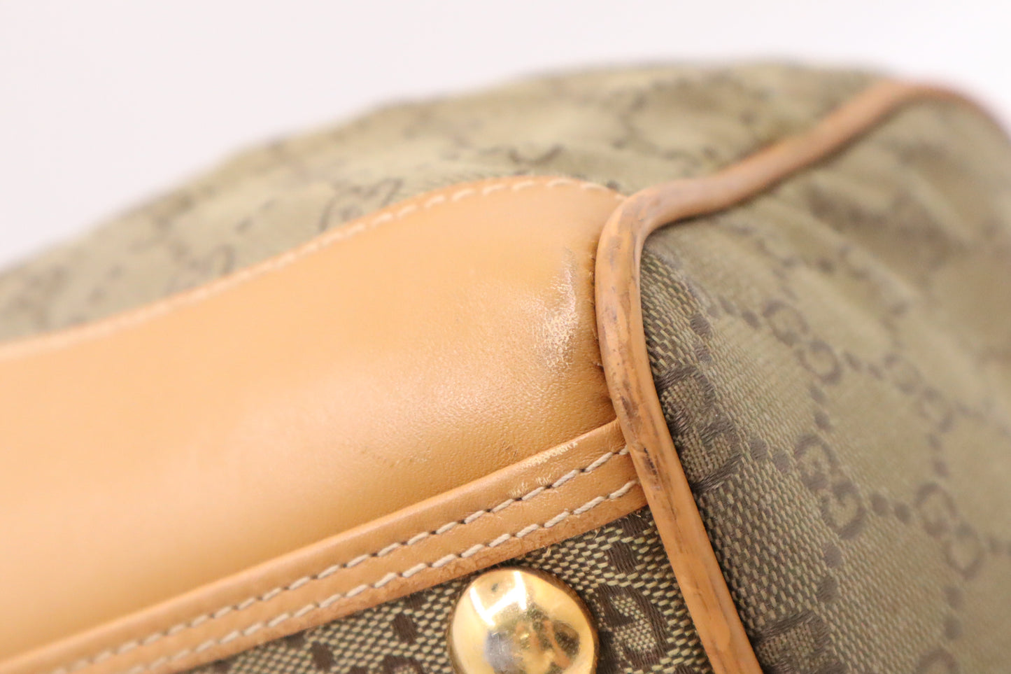 Gucci Boston Bag in Green GG Canvas and Brown Leather
