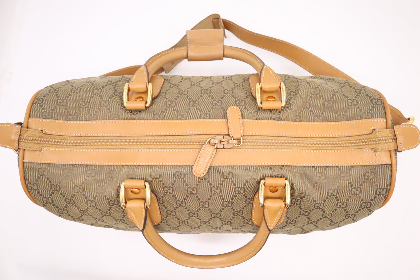 Gucci Boston Bag in Green GG Canvas and Brown Leather