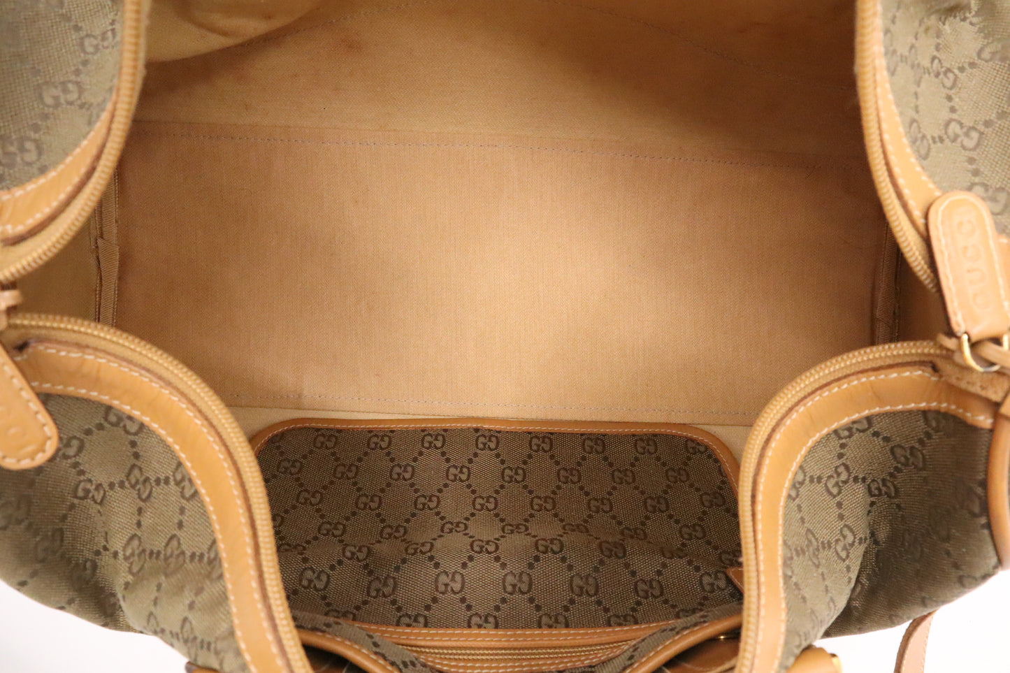 Gucci Boston Bag in Green GG Canvas and Brown Leather