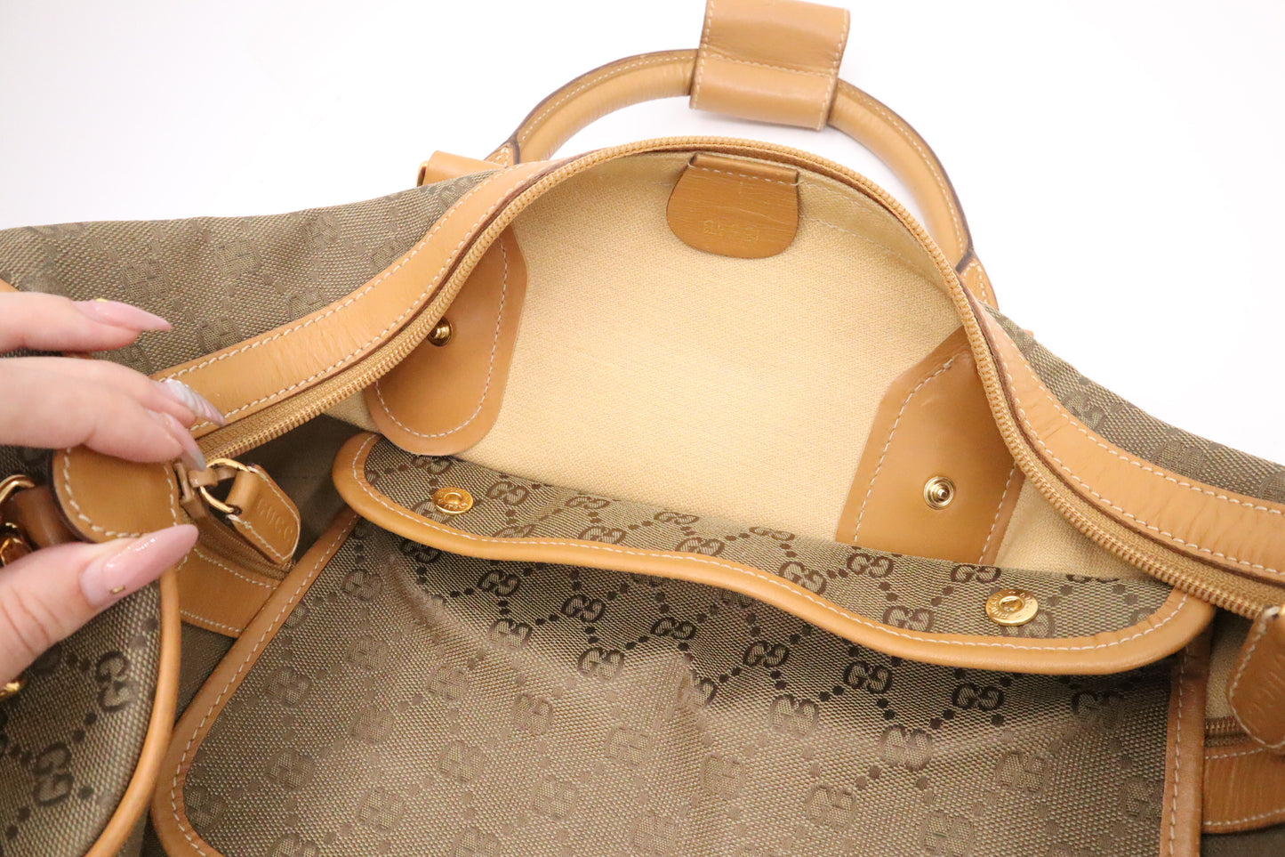 Gucci Boston Bag in Green GG Canvas and Brown Leather