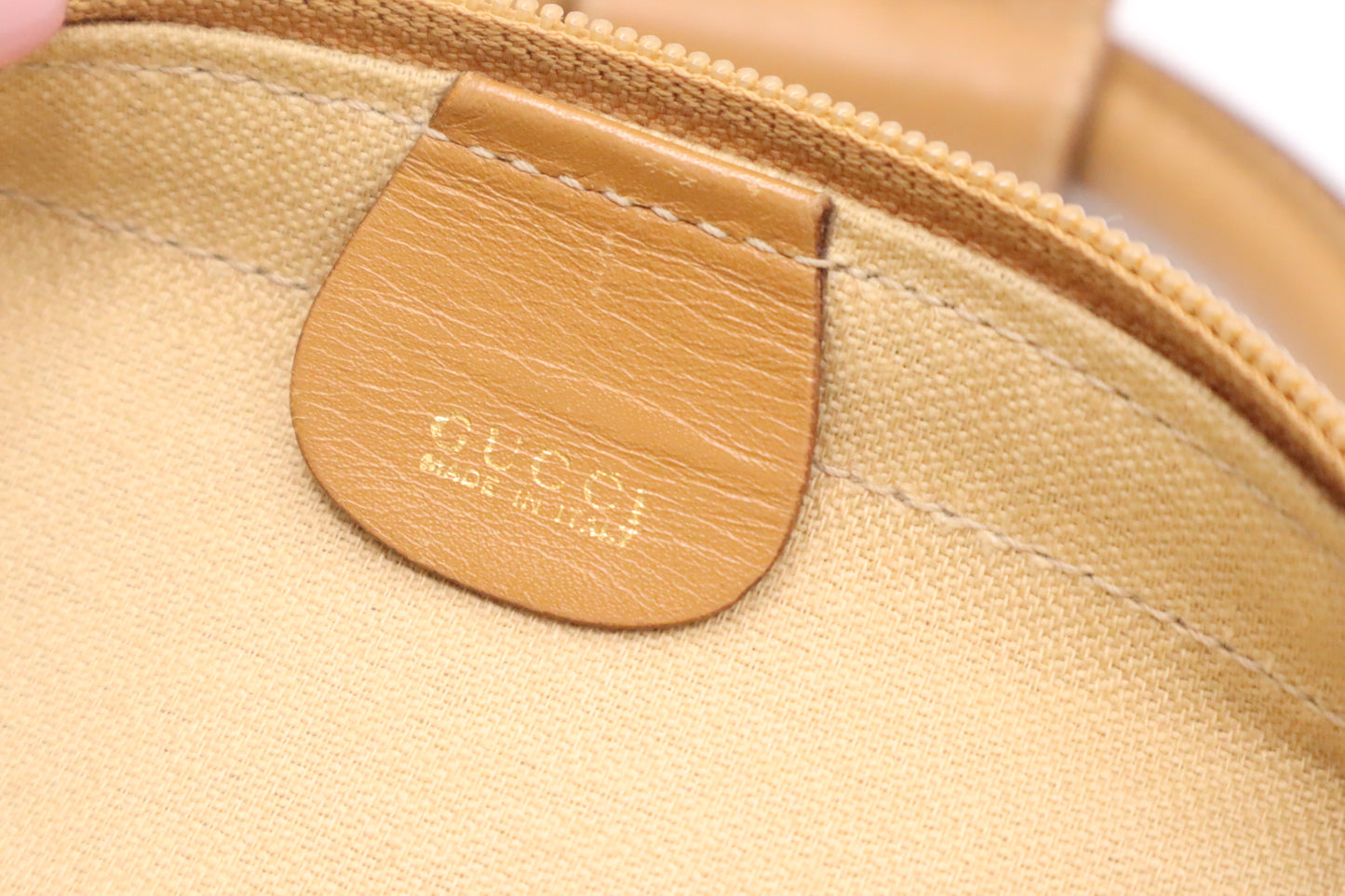 Gucci Boston Bag in Green GG Canvas and Brown Leather