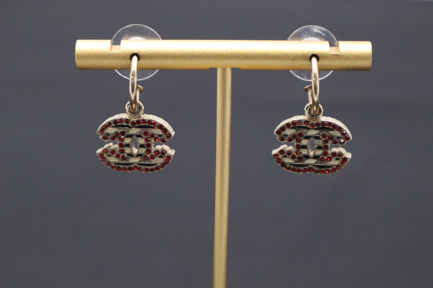 Chanel Striped Earrings with Red Stones