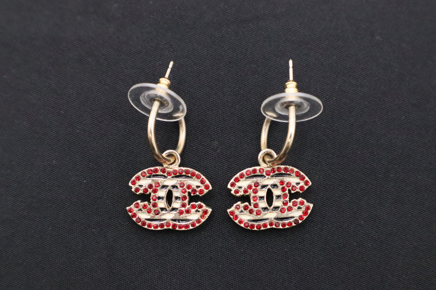 Chanel Striped Earrings with Red Stones