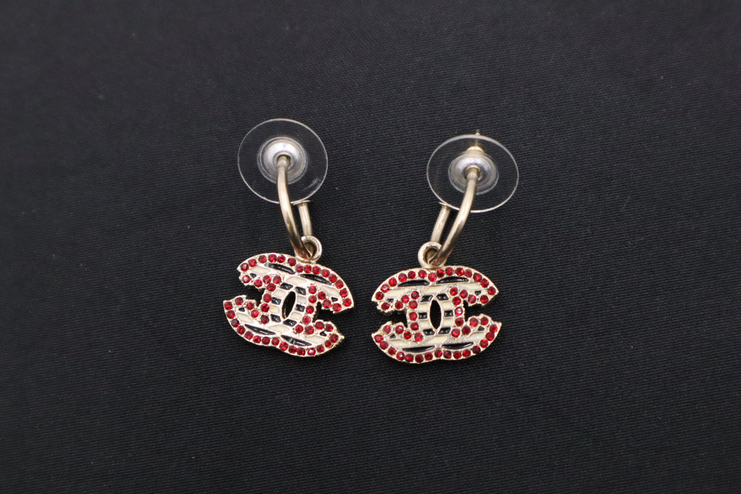 Chanel Striped Earrings with Red Stones