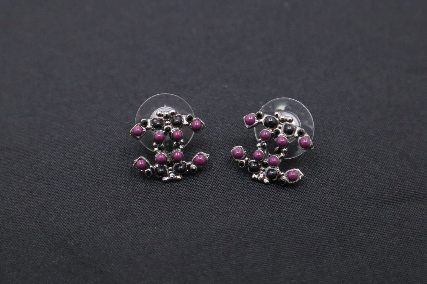 Chanel Stud Earrings with Black & Purple Stones