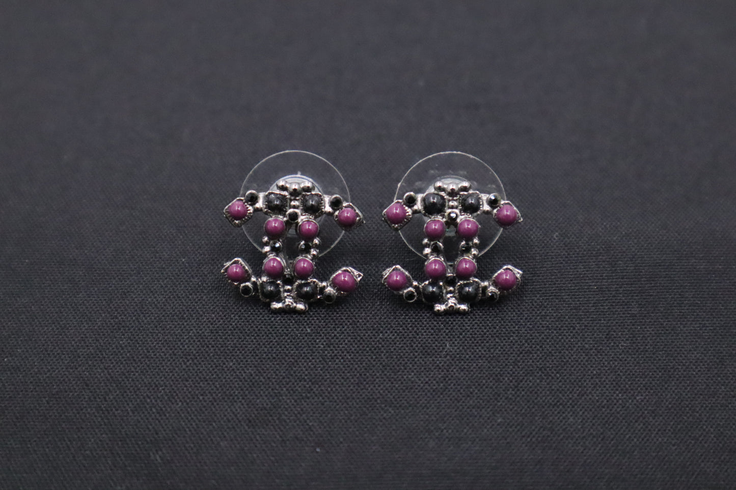 Chanel Stud Earrings with Black & Purple Stones