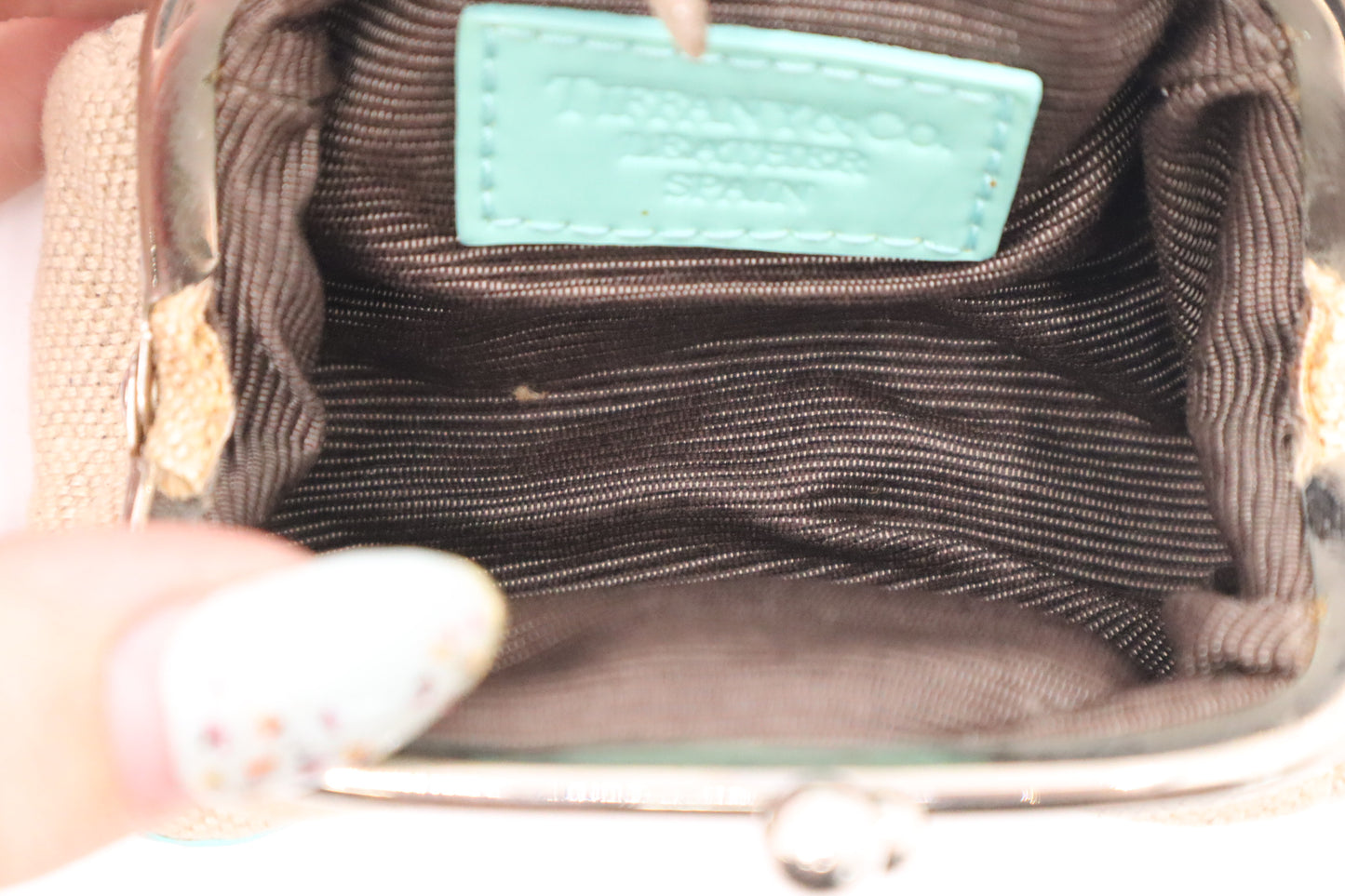 Tiffany Coin Case in Cream Canvas and Blue Leather