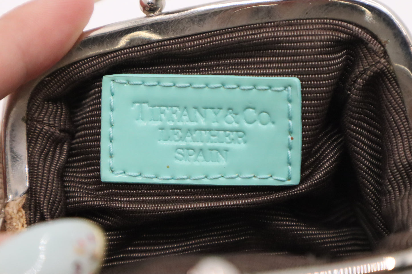 Tiffany Coin Case in Cream Canvas and Blue Leather