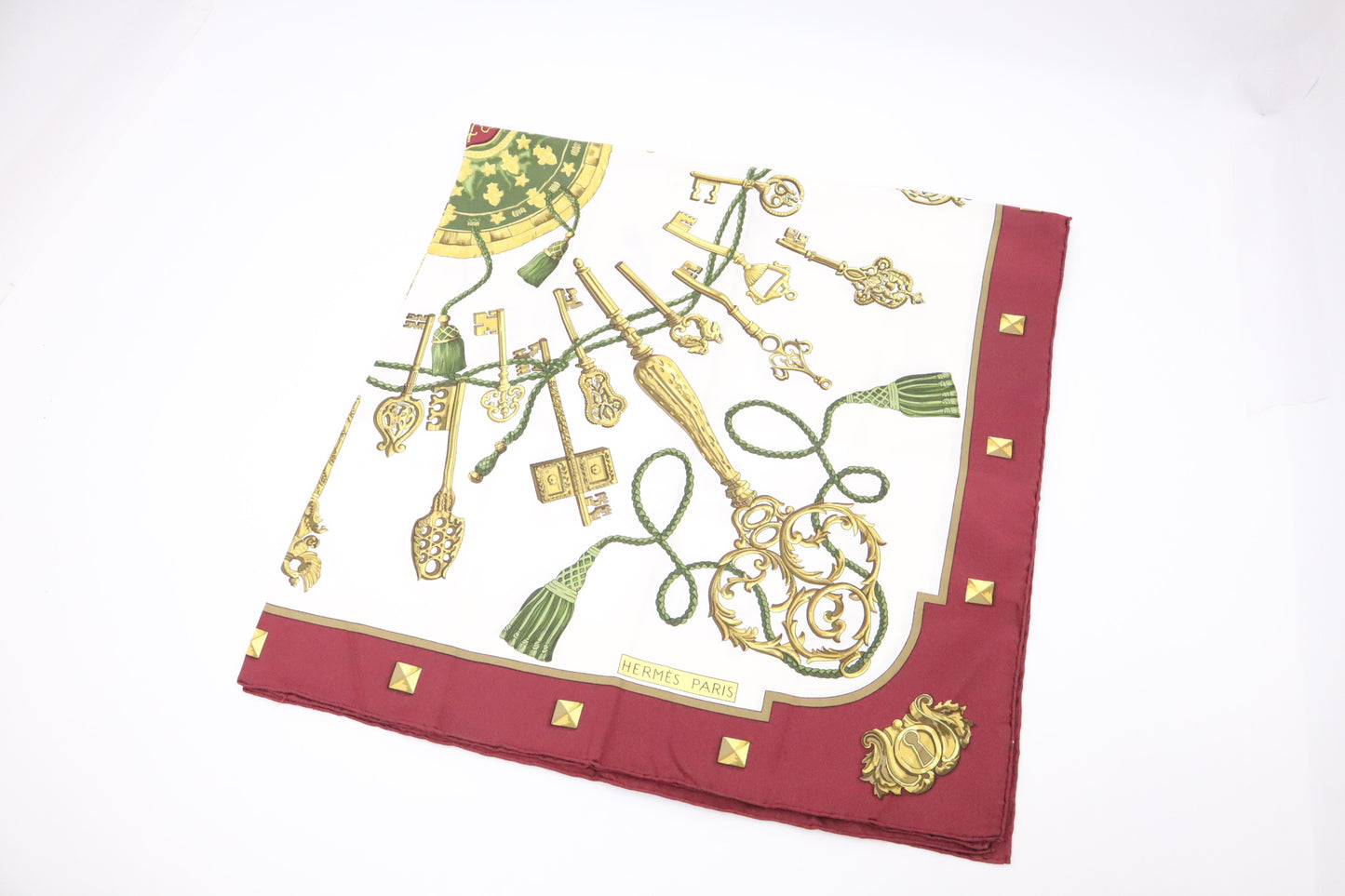 Hermes Les Clefs Carre 90 in Burgundy & Cream Silk