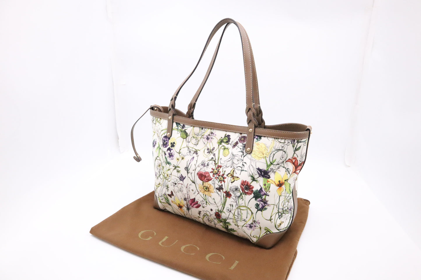 Gucci Tote in White Floral Canvas and Brown Leather