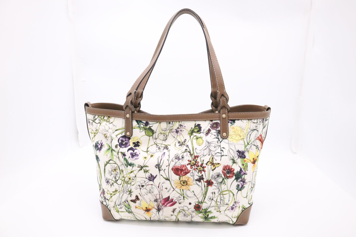Gucci Tote in White Floral Canvas and Brown Leather