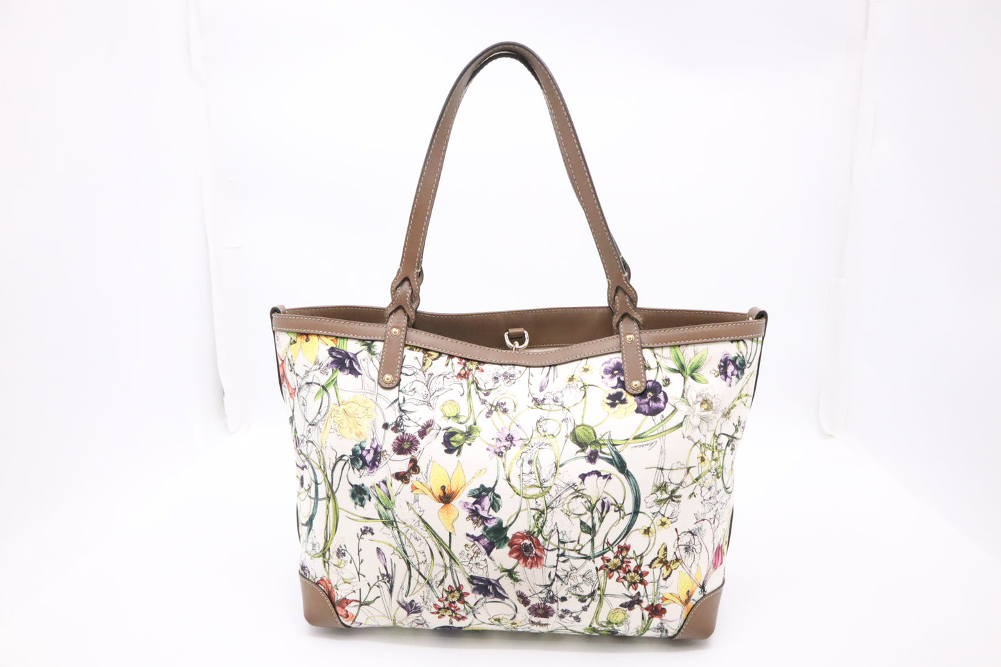 Gucci Tote in White Floral Canvas and Brown Leather