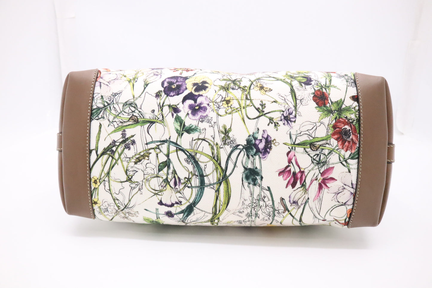 Gucci Tote in White Floral Canvas and Brown Leather