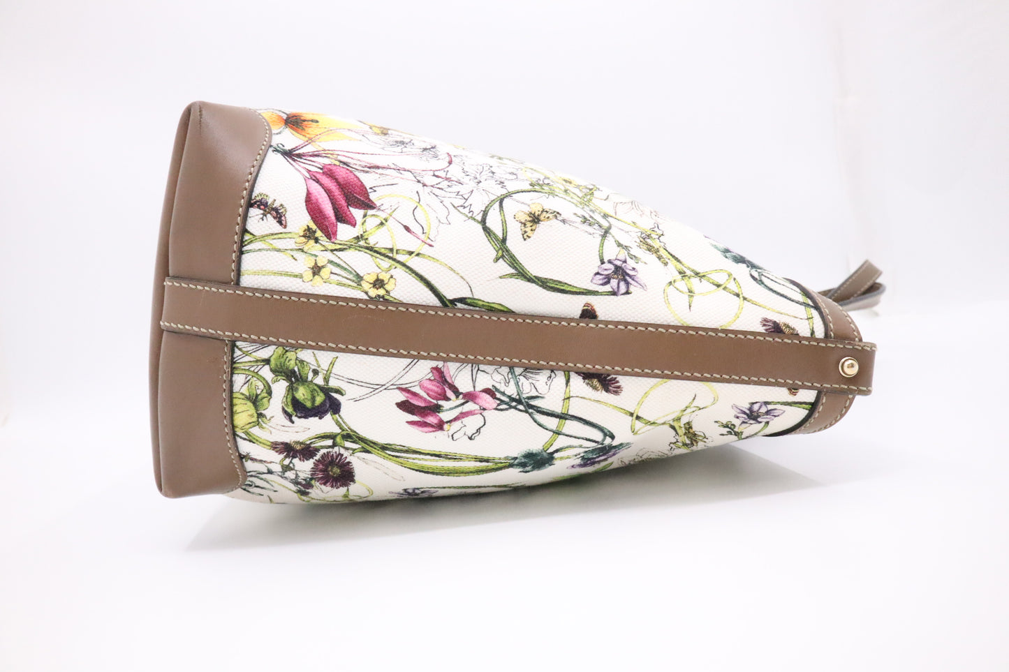 Gucci Tote in White Floral Canvas and Brown Leather