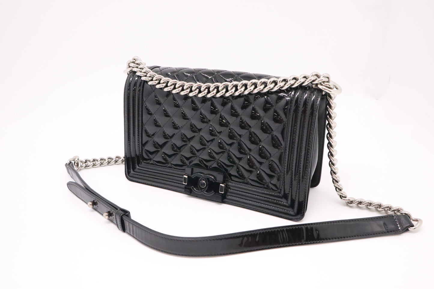 Chanel Old Medium Boy Bag in Black Patent Leather