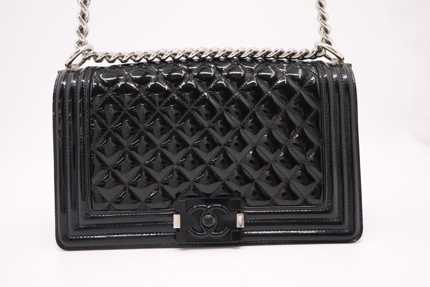 Chanel Old Medium Boy Bag in Black Patent Leather