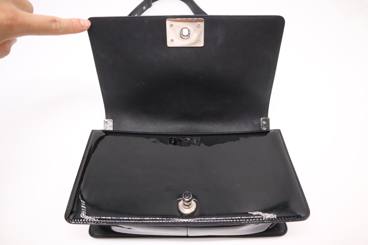 Chanel Old Medium Boy Bag in Black Patent Leather