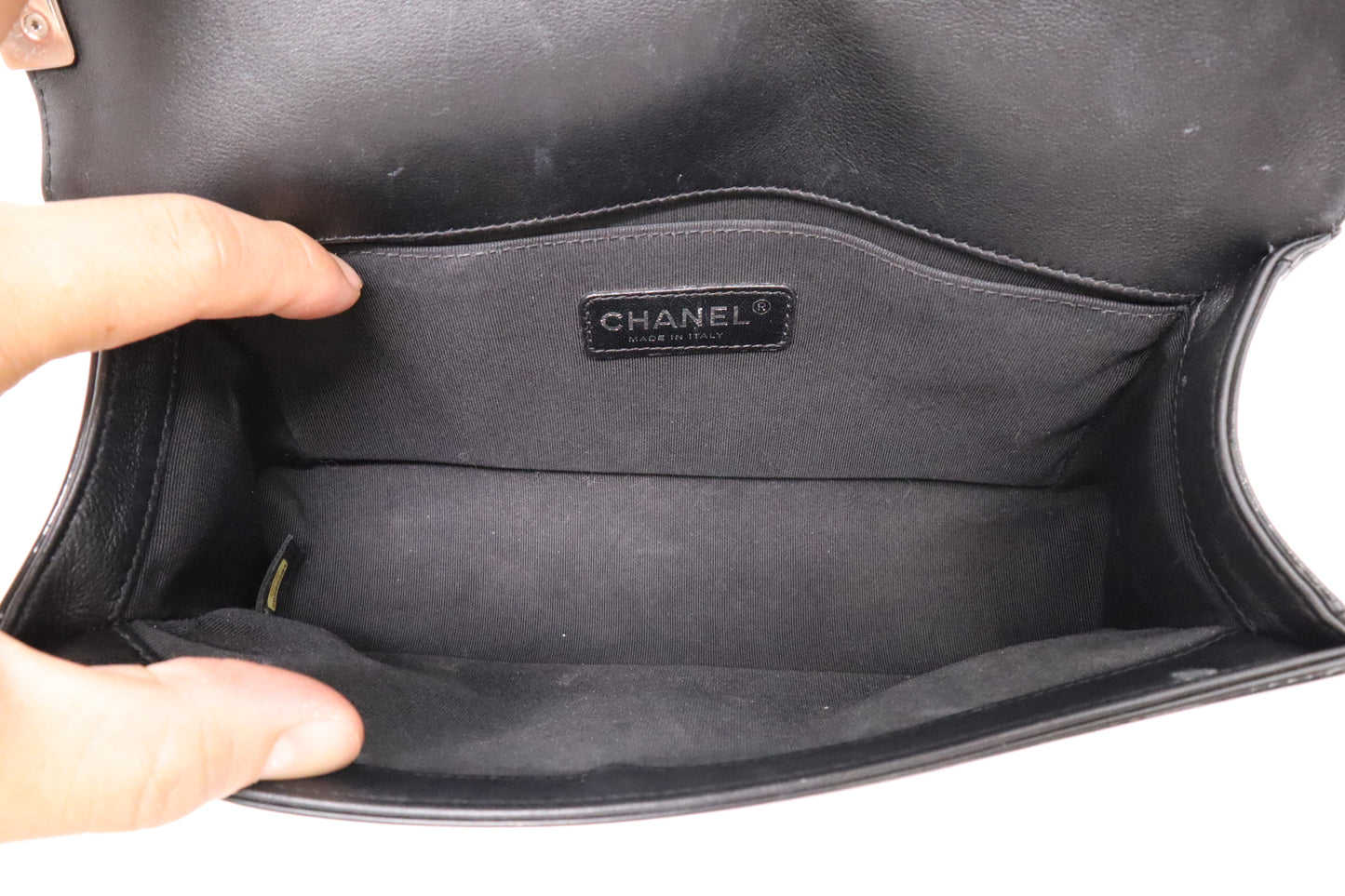 Chanel Old Medium Boy Bag in Black Patent Leather