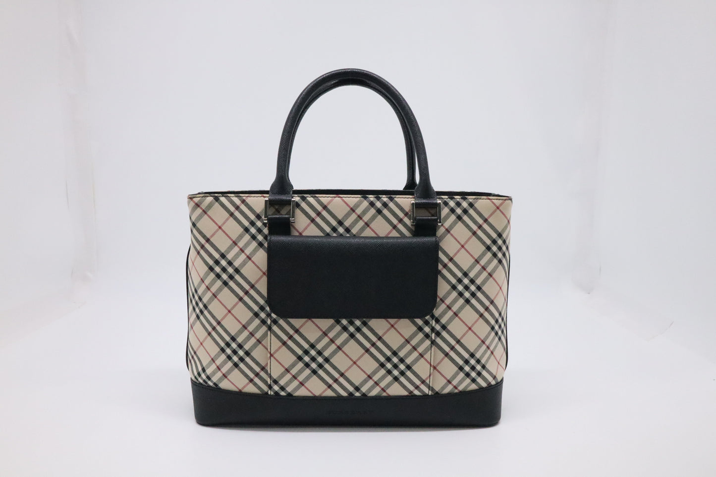 Burberry Handbag in Black Leather & Cream Checked Canvas