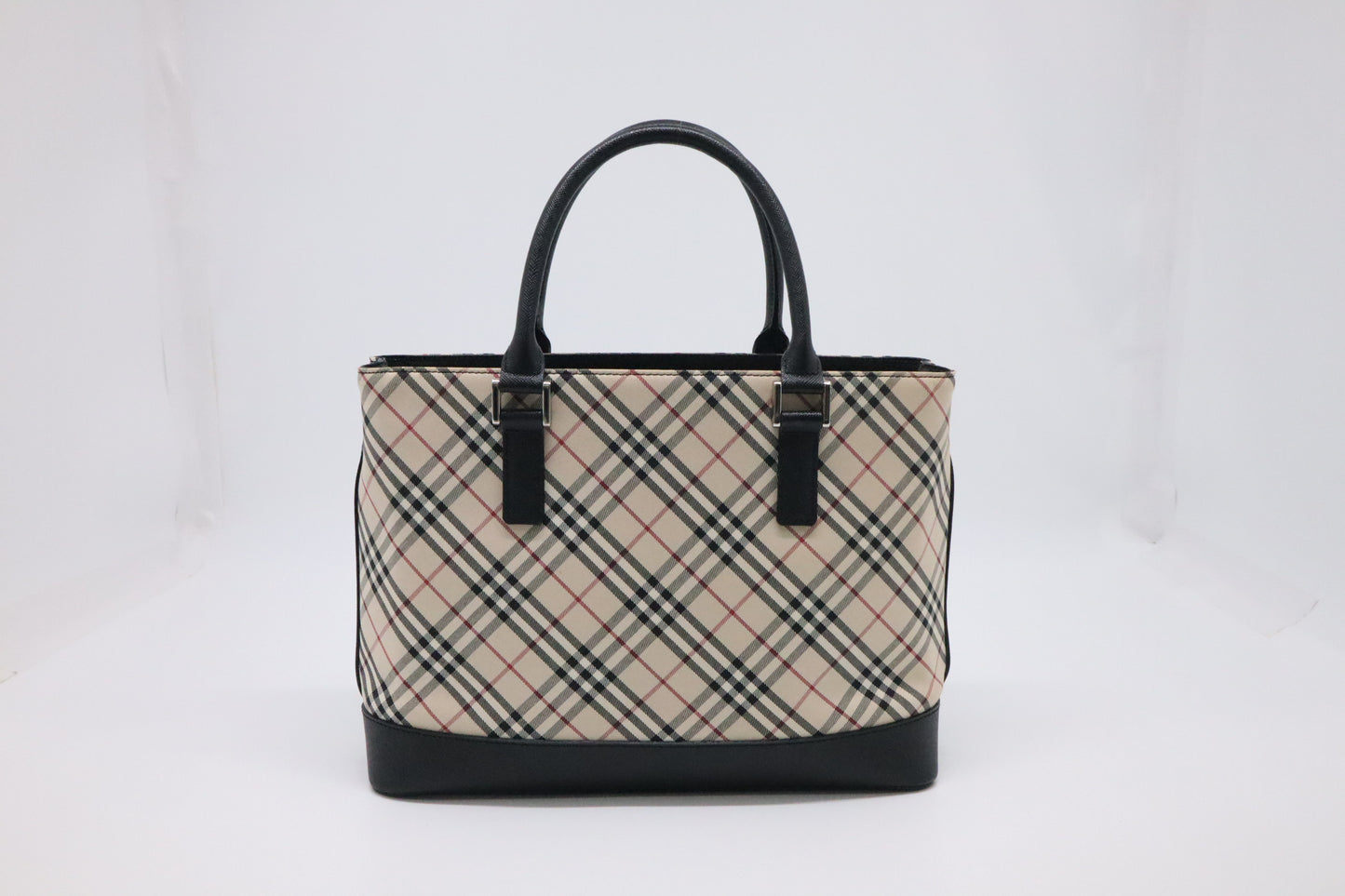 Burberry Handbag in Black Leather & Cream Checked Canvas