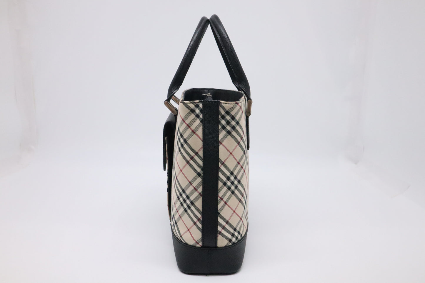 Burberry Handbag in Black Leather & Cream Checked Canvas
