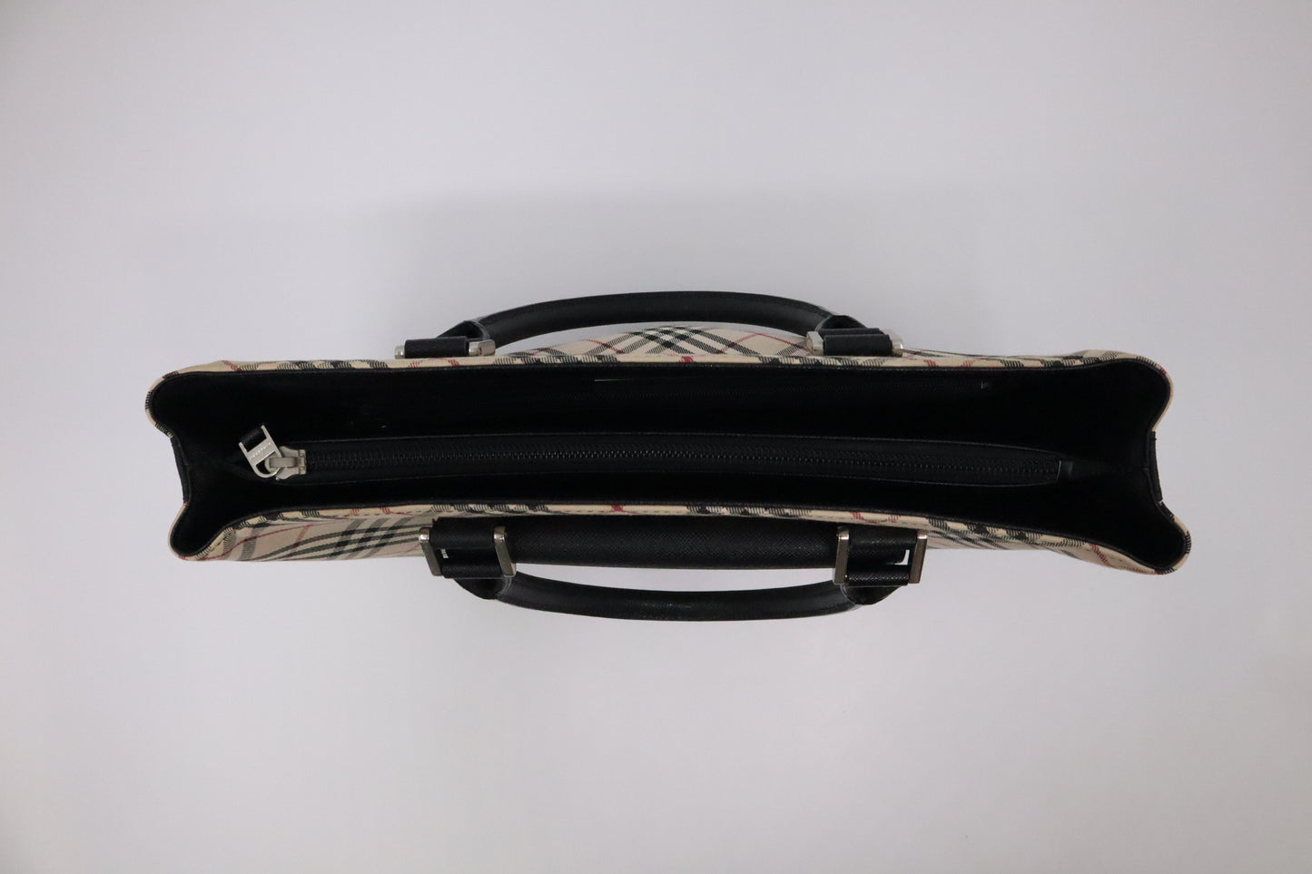 Burberry Handbag in Black Leather & Cream Checked Canvas