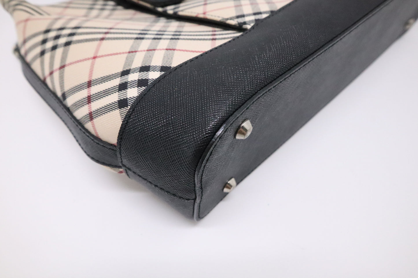 Burberry Handbag in Black Leather & Cream Checked Canvas