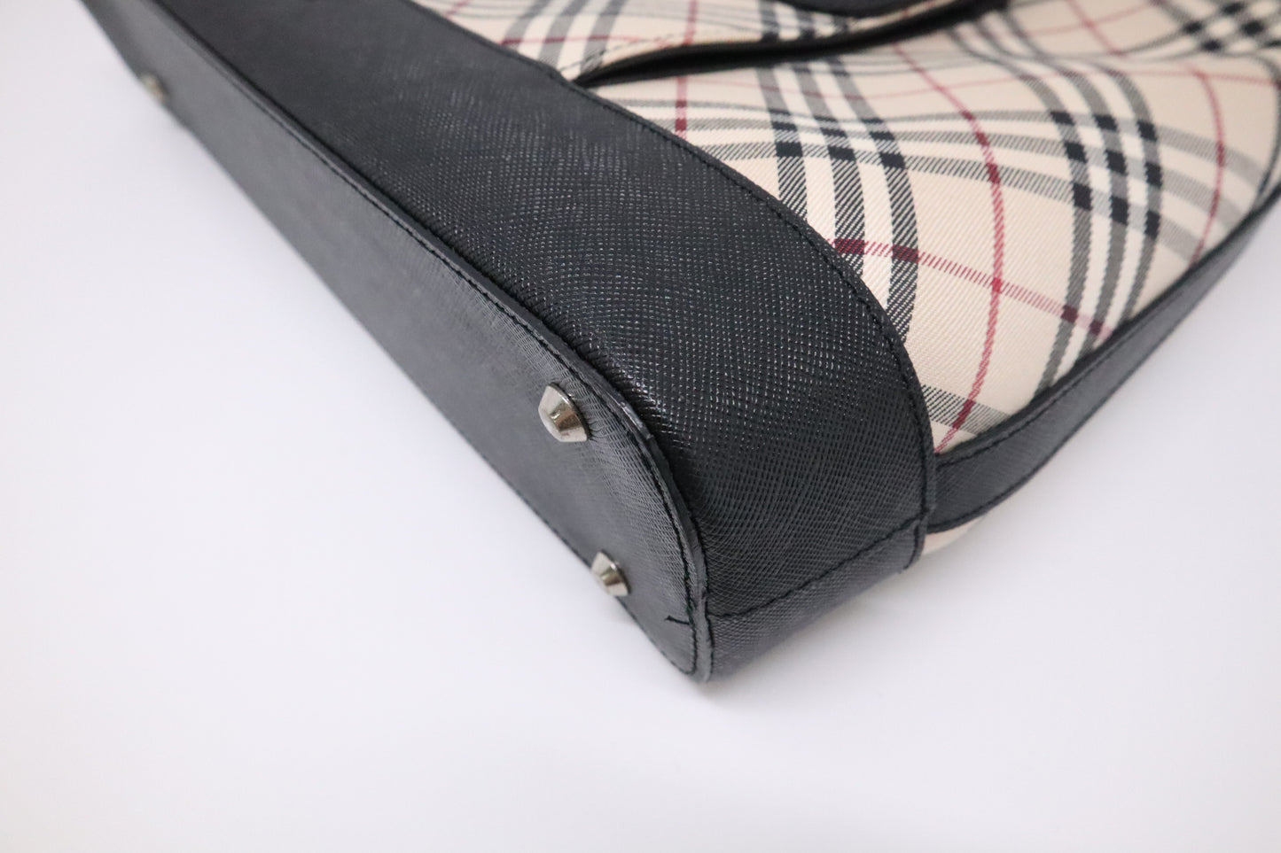 Burberry Handbag in Black Leather & Cream Checked Canvas