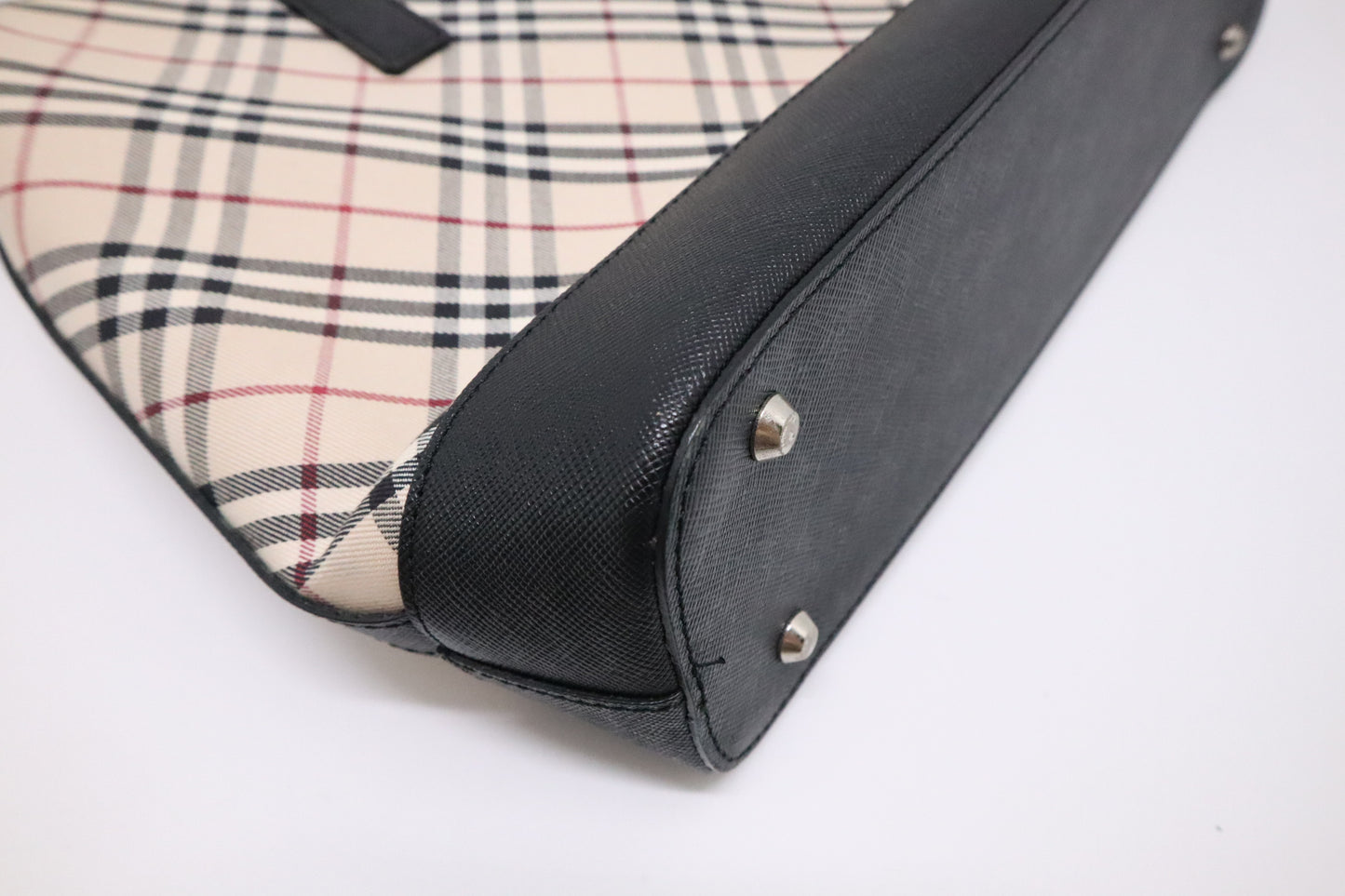 Burberry Handbag in Black Leather & Cream Checked Canvas
