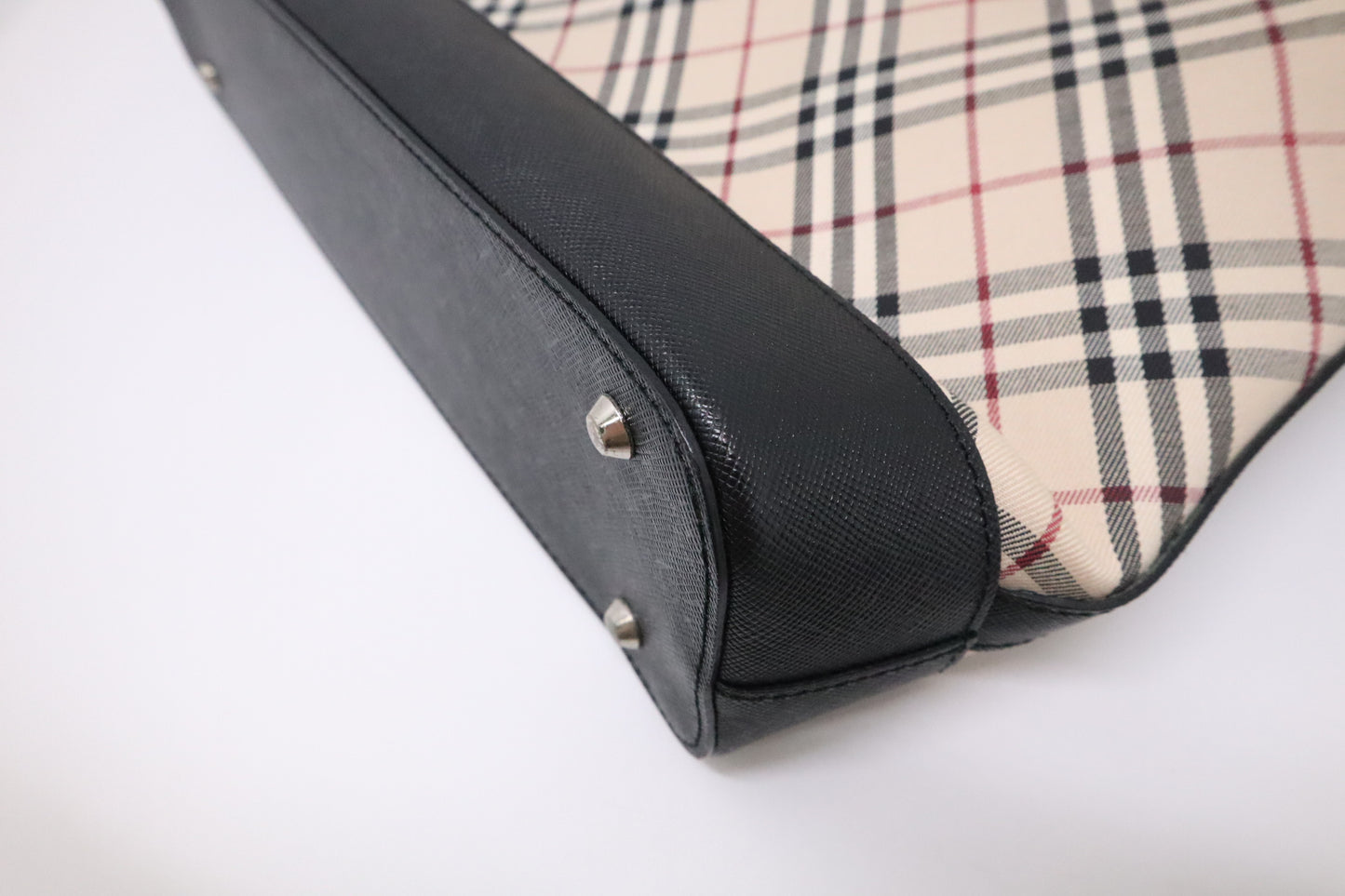Burberry Handbag in Black Leather & Cream Checked Canvas