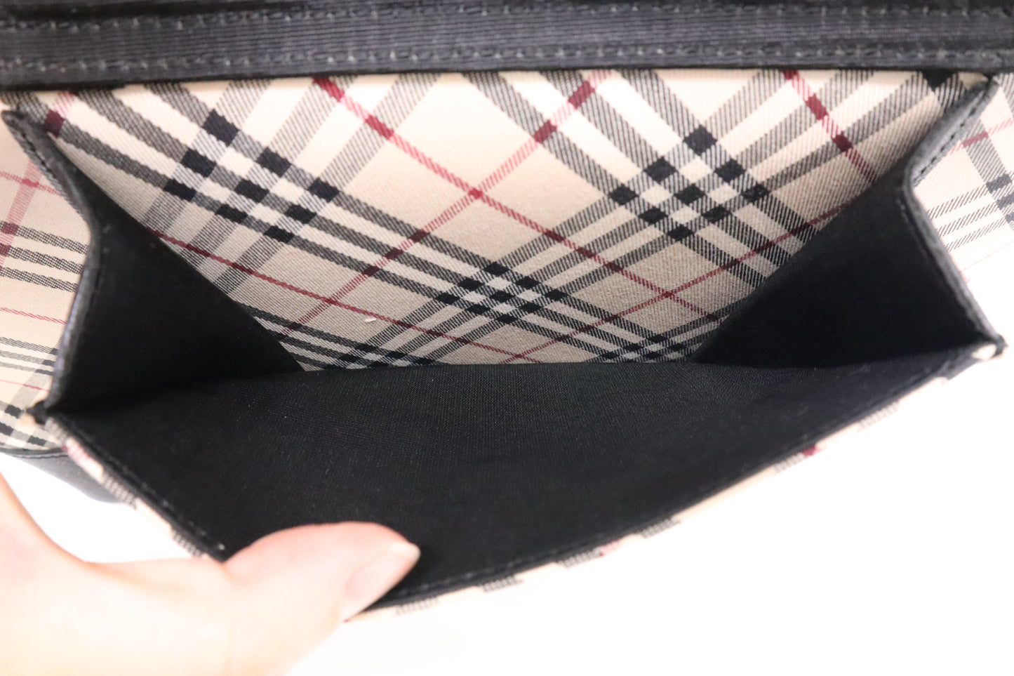 Burberry Handbag in Black Leather & Cream Checked Canvas