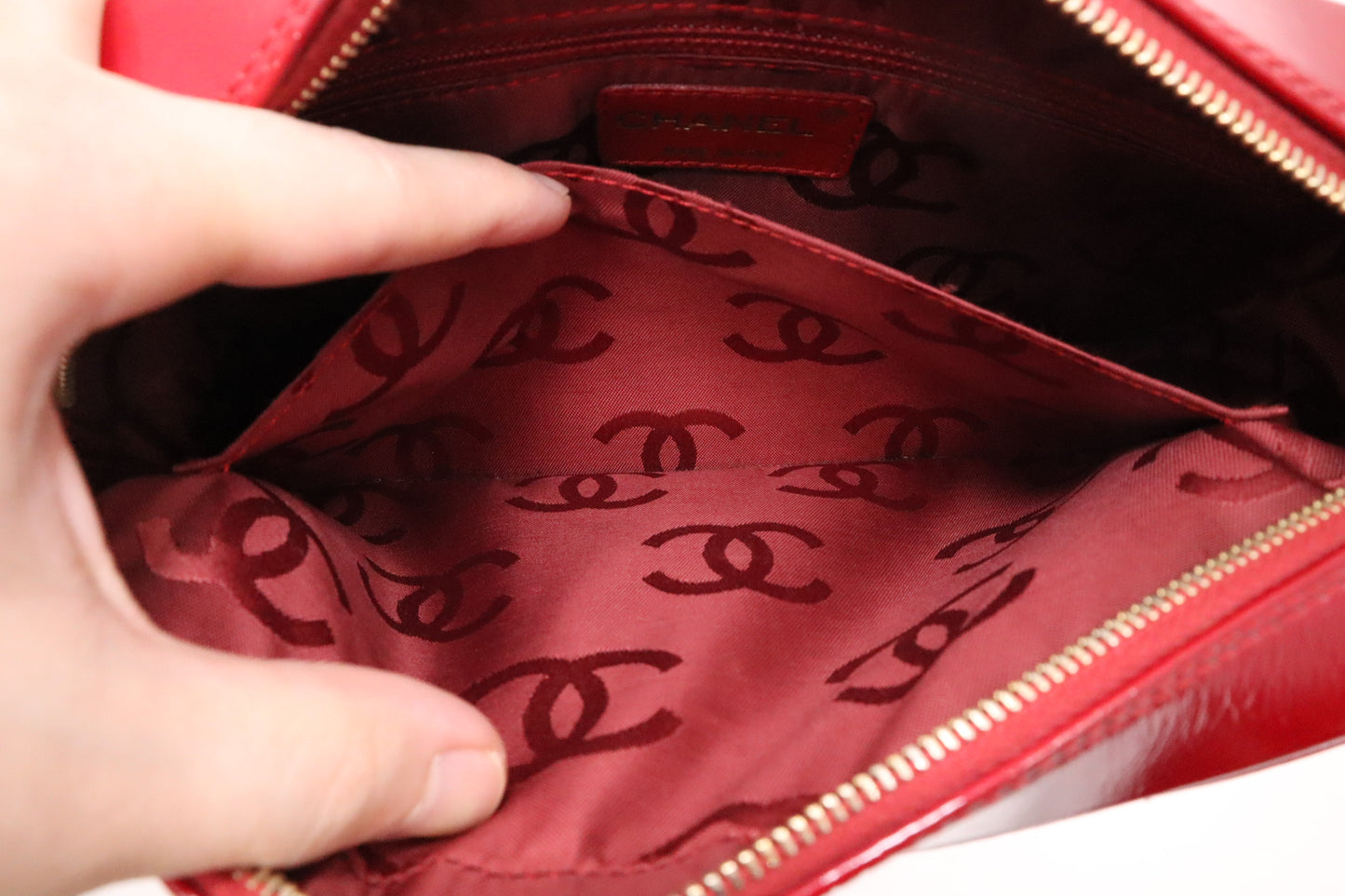 Chanel Chocobar Chain Hand Bag in Red Patent Leather