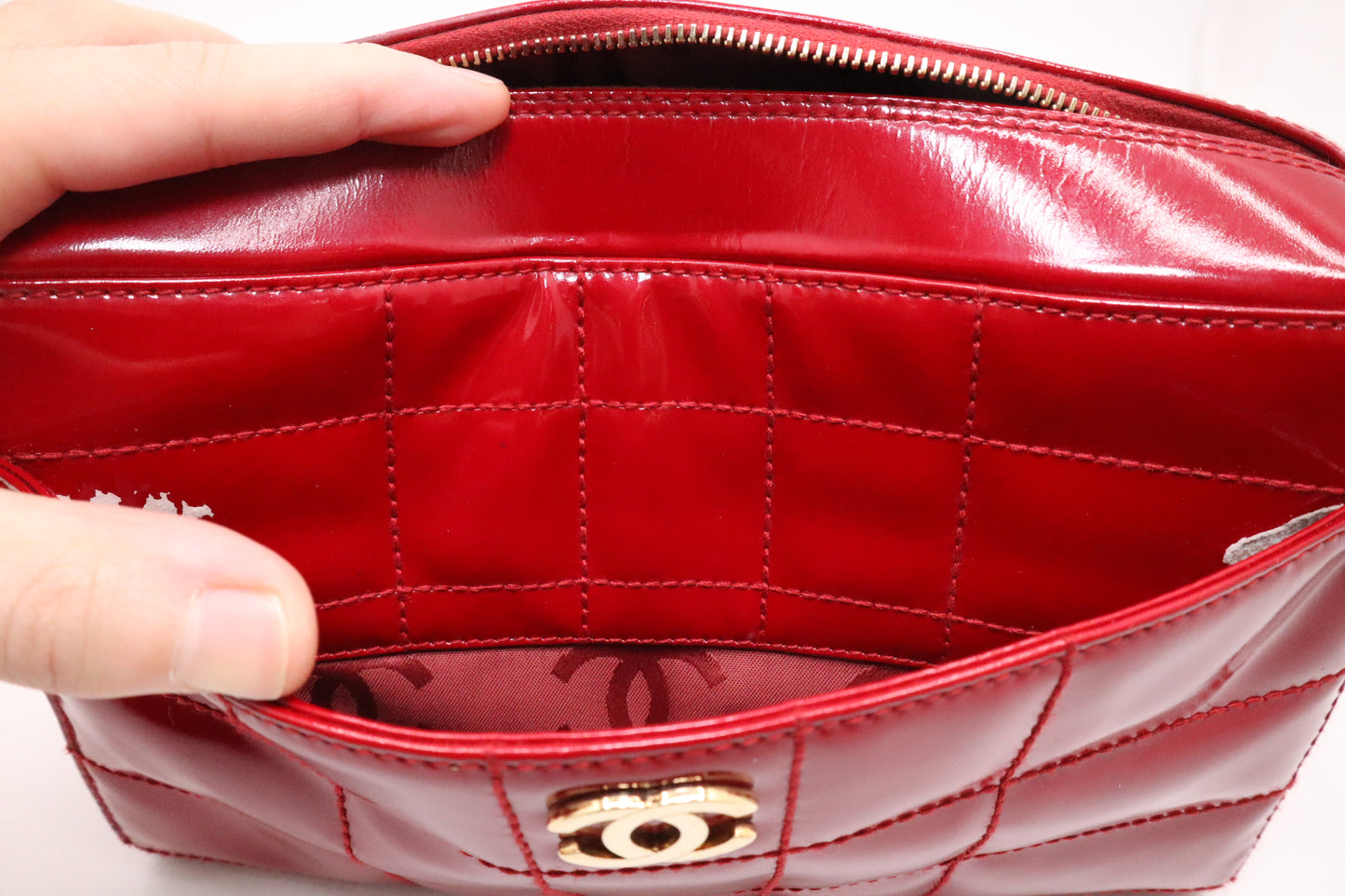 Chanel Chocobar Chain Hand Bag in Red Patent Leather