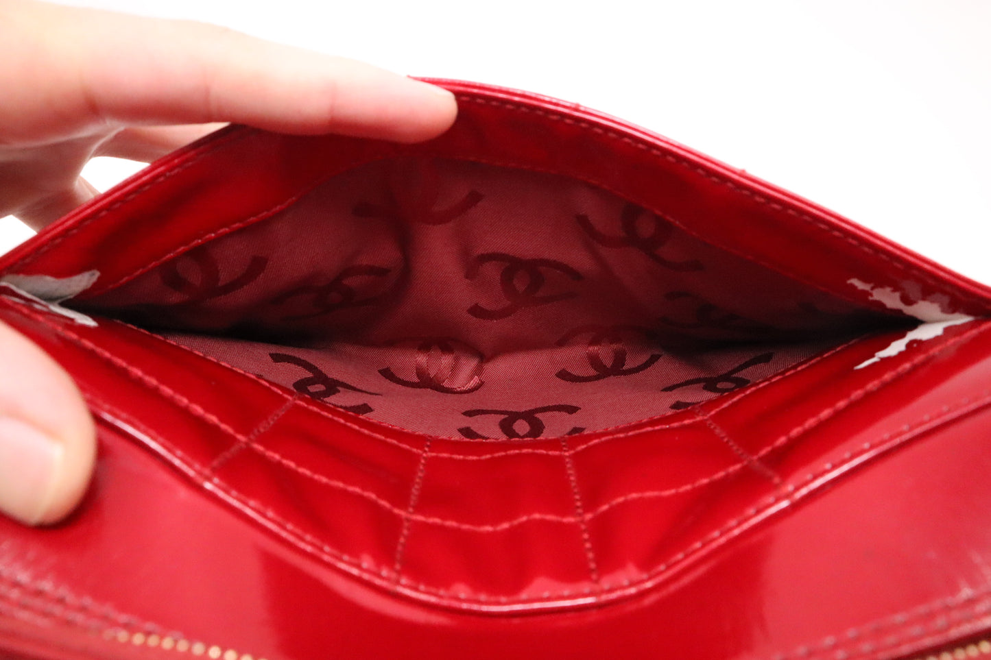 Chanel Chocobar Chain Hand Bag in Red Patent Leather
