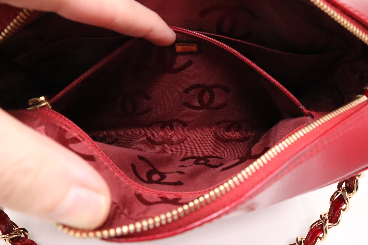 Chanel Chocobar Chain Hand Bag in Red Patent Leather