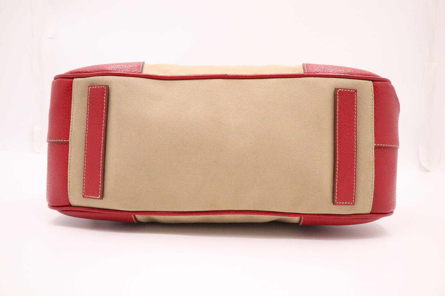 Prada Bowling Bag in Red Leather and Brown Canvas