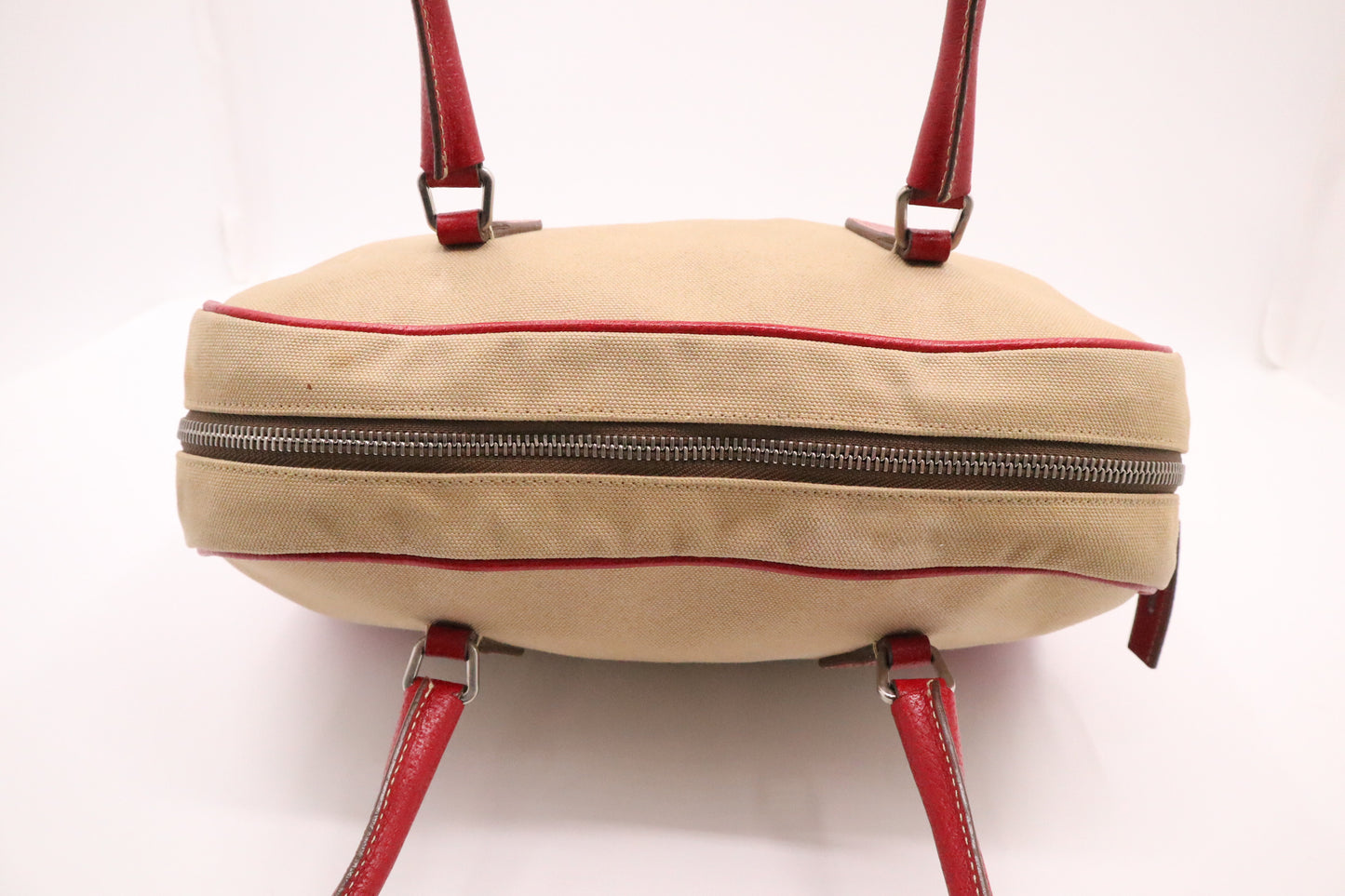 Prada Bowling Bag in Red Leather and Brown Canvas