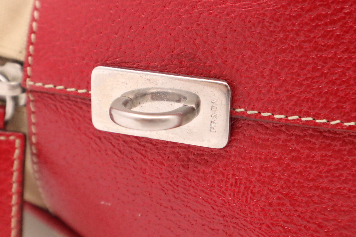 Prada Bowling Bag in Red Leather and Brown Canvas