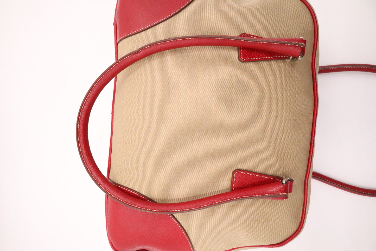 Prada Bowling Bag in Red Leather and Brown Canvas
