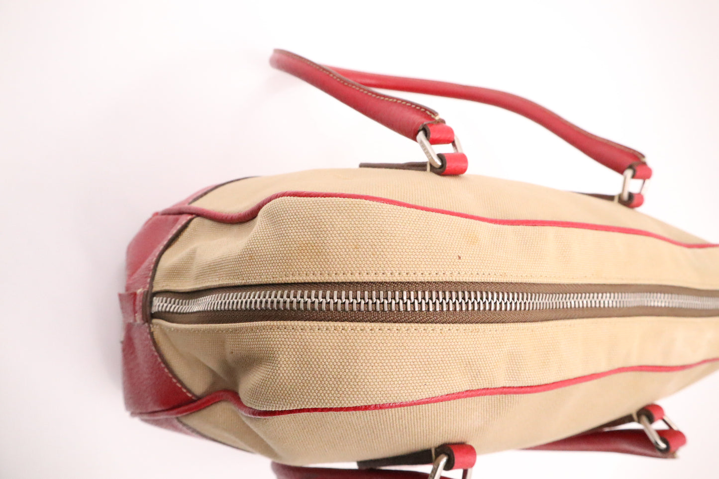 Prada Bowling Bag in Red Leather and Brown Canvas