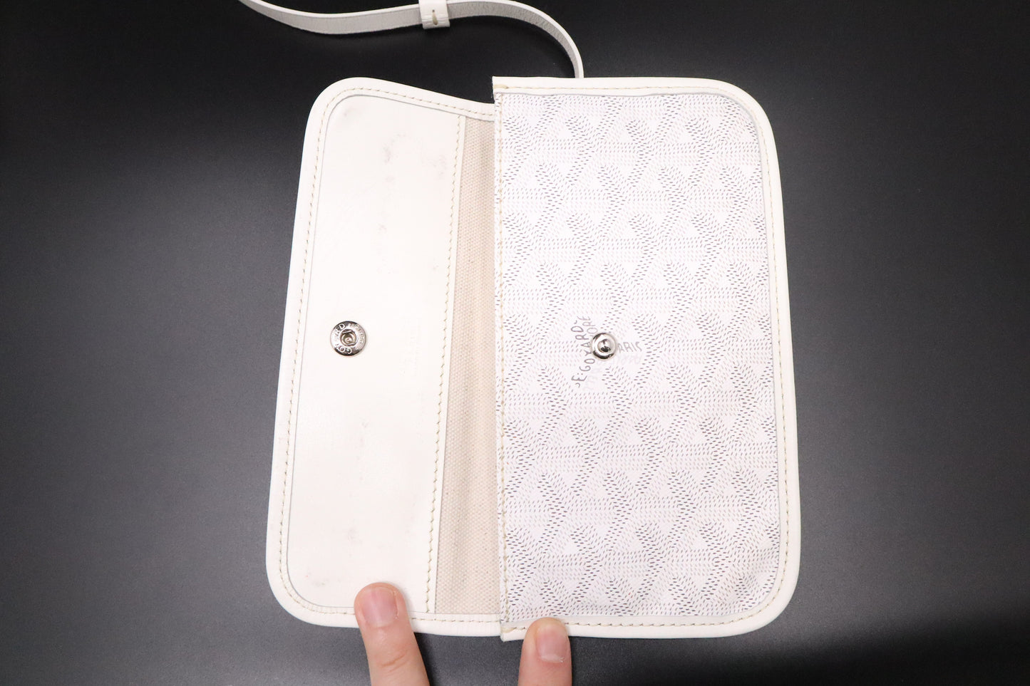 Goyard Saint-Louis PM in White Goyardine Canvas with Blue Stripe