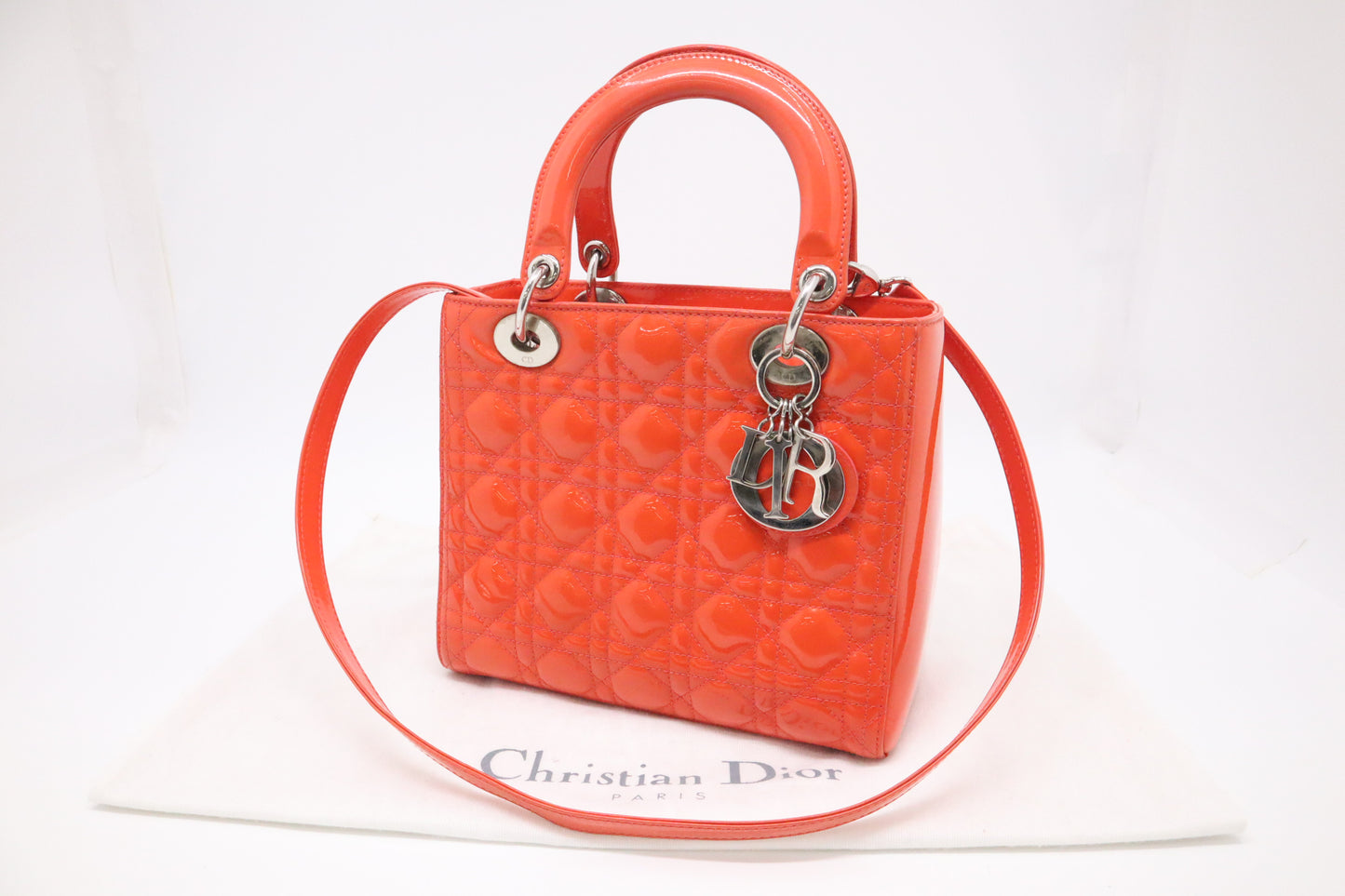 Dior Lady Dior Medium in Orange Cannage Patent Leather
