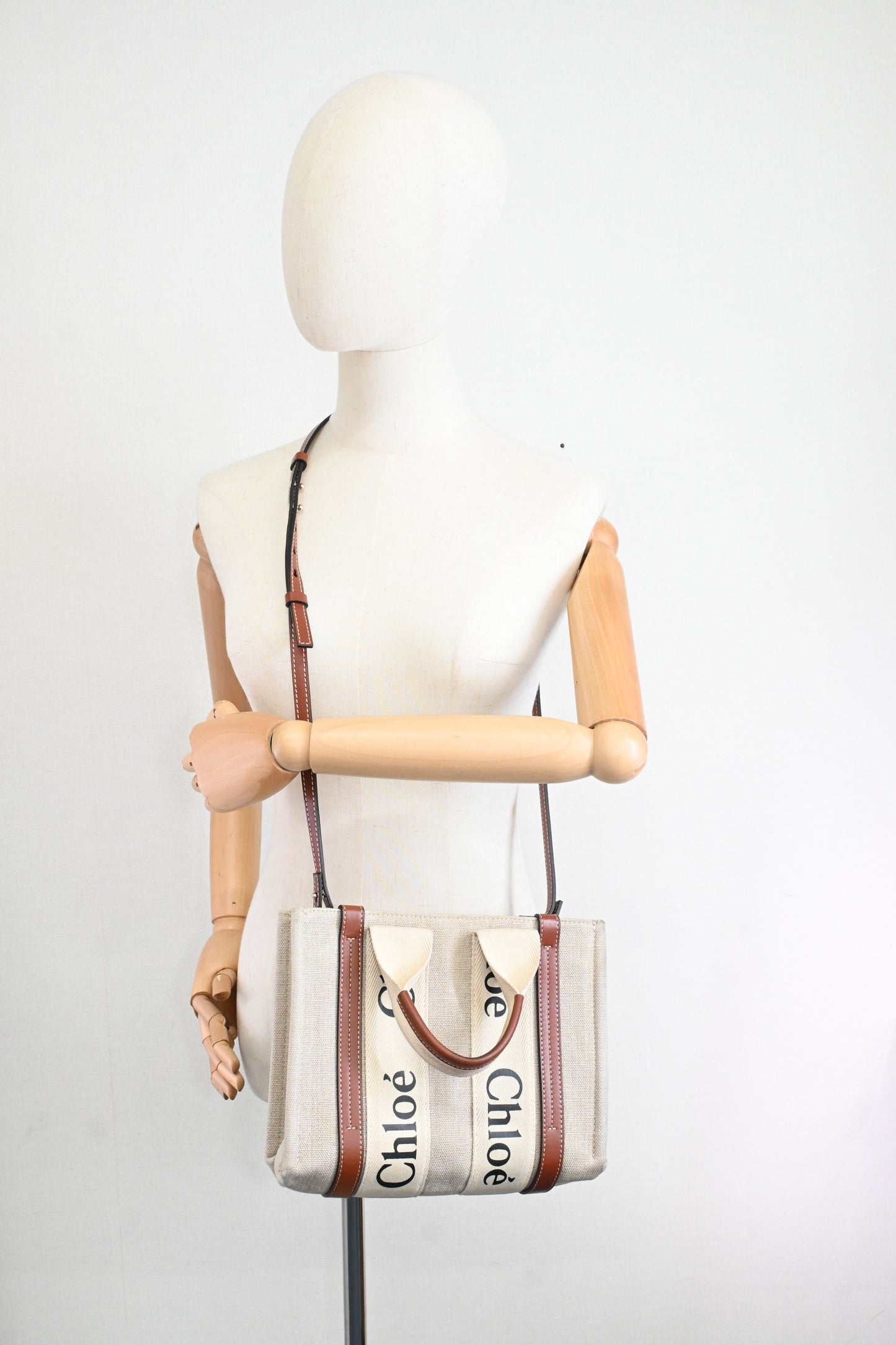 Chloe Woody Small 2-Way Tote in Beige Canvas