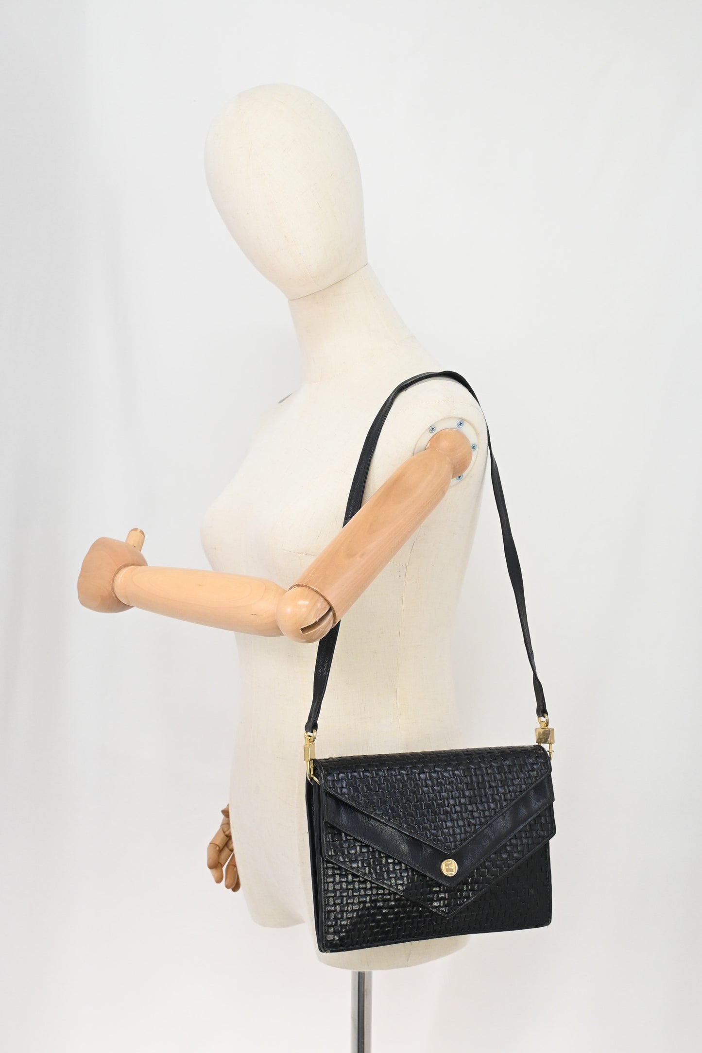 Fendi Triple Flap Shoulder Bag in Black Waved Leather