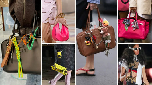 Collage of fashionable handbags with colorful accessories.