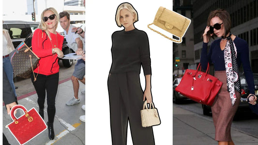 Women with designer handbags: one in a red sweater with a Louis Vuitton bag, another illustrated with a Chanel, and a third in a business outfit with a Hermès.