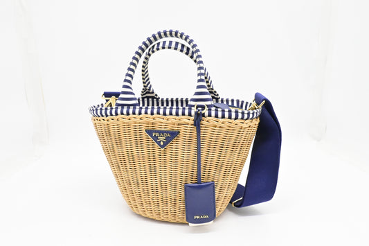 Prada Wicker Basket Bag in Blue & White Striped Canvas
